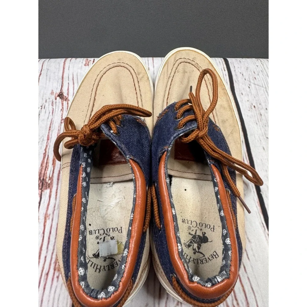 Beverly Hills Polo Club Mens BP9146 Canvas Denim Boat Shoes Tan Navy Size 9.5‎